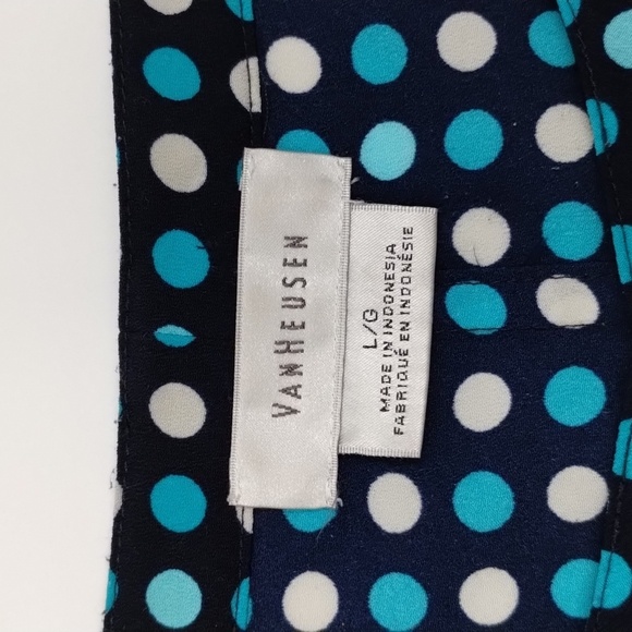 Van Heusen dark navy turquoise polka dot capped sleeve size large blouse - Picture 7 of 13